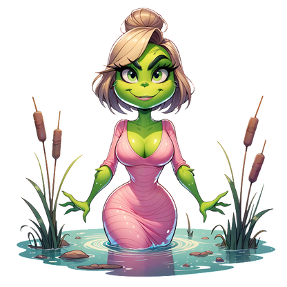 A playful green character in a pink dress emerges from a tranquil pond, surrounded by cattails and rocks.DTF Transfers dtf transfers