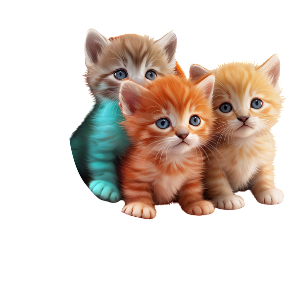 Un encantador trío de adorables gatitos, compuesto por un juguetón gato atigrado naranja, uno esponjoso color crema y un compañero verde azulado único.