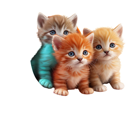 Un encantador trío de adorables gatitos, compuesto por un juguetón gato atigrado naranja, uno esponjoso color crema y un compañero verde azulado único.