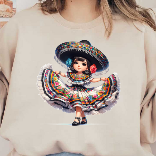 A charming young girl in a colorful, traditional Mexican dress, complete with a wide-brimmed sombrero and floral accents.dtf regular iron