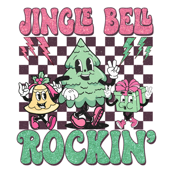 Colorful Christmas-themed graphic featuring a cheerful tree, bell, and gift, with the playful text "Jingle Bell Rockin'."dtf regular iron