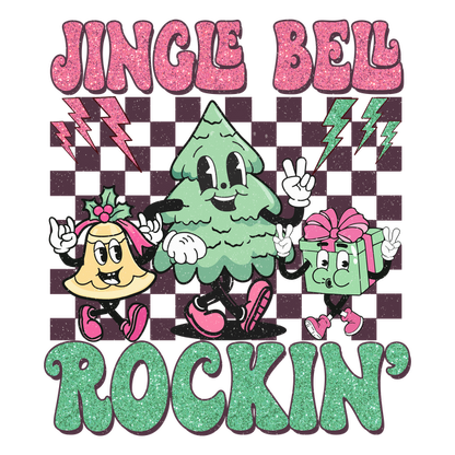 Colorful Christmas-themed graphic featuring a cheerful tree, bell, and gift, with the playful text "Jingle Bell Rockin'."dtf regular iron