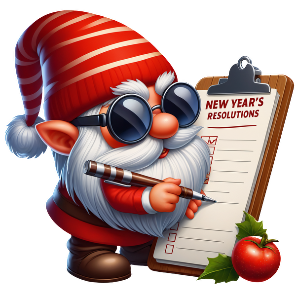 A cheerful gnome in a red-striped hat holding a checklist titled "New Year's Resolutions," ready to jot down ideas. dtf transfers