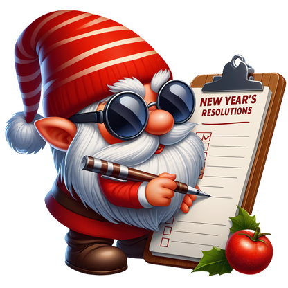 A cheerful gnome in a red-striped hat holding a checklist titled "New Year's Resolutions," ready to jot down ideas. dtf transfers