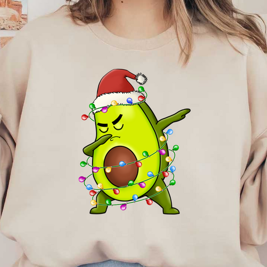 A playful avocado character dons a Santa hat, wrapped in colorful holiday lights, striking a fun pose. dtf transfers