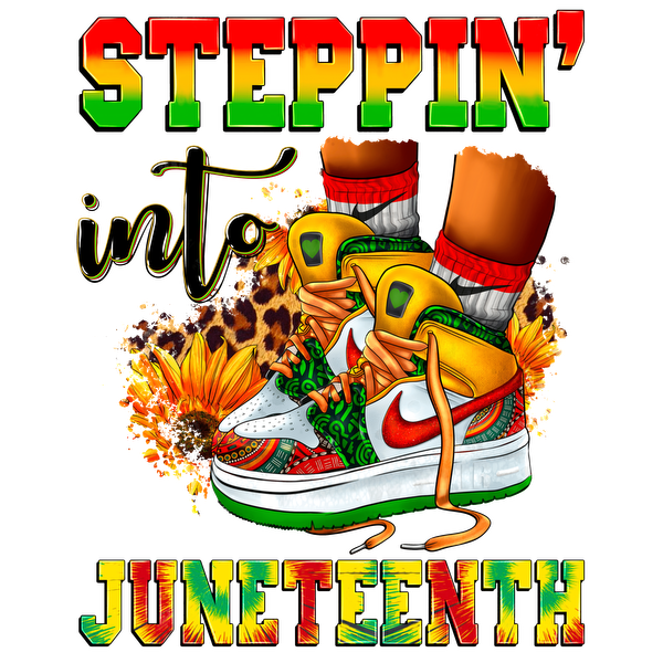 Vibrant sneaker graphic celebrating Juneteenth, featuring colorful designs and bold lettering that reads "Steppin' into Juneteenth."