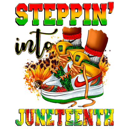 Vibrant sneaker graphic celebrating Juneteenth, featuring colorful designs and bold lettering that reads "Steppin' into Juneteenth."