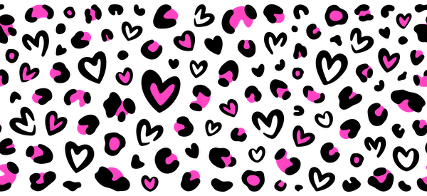 A vibrant pattern of pink hearts and shapes scattered against a black background.UV Transfers