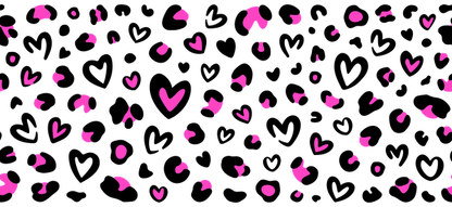 A vibrant pattern of pink hearts and shapes scattered against a black background.UV Transfers