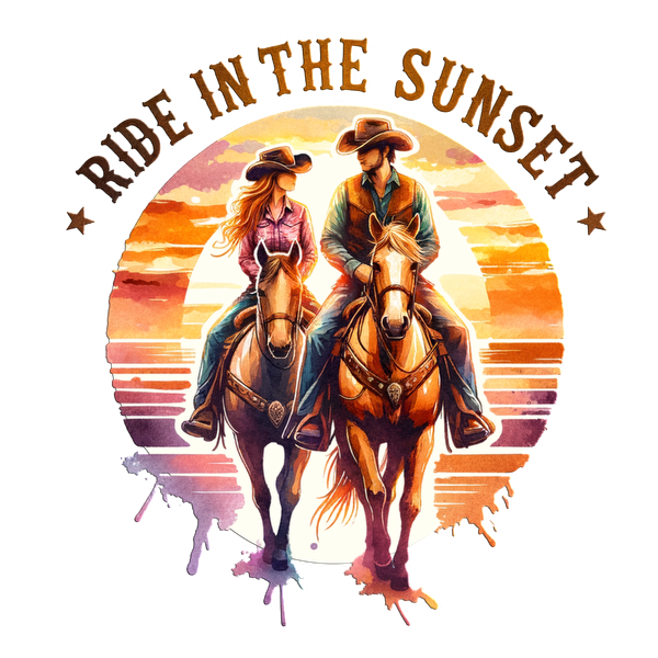 Una romántica ilustración con temática de vaqueros que presenta a una pareja montando a caballo al atardecer, rodeada de colores vibrantes y la frase "Cabalga en el atardecer".