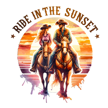 Una romántica ilustración con temática de vaqueros que presenta a una pareja montando a caballo al atardecer, rodeada de colores vibrantes y la frase "Cabalga en el atardecer".