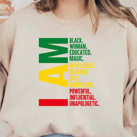 A vibrant design celebrating empowerment with words highlighting identity, strength, and resilience in bold colors representing culture and pride. heat press transfers