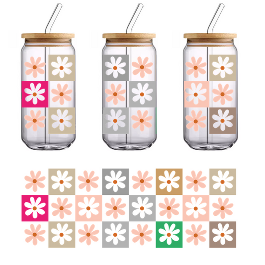 A vibrant pattern of daisies in various colors, showcasing playful floral designs on different background squares.UV Transfers heat press transfers