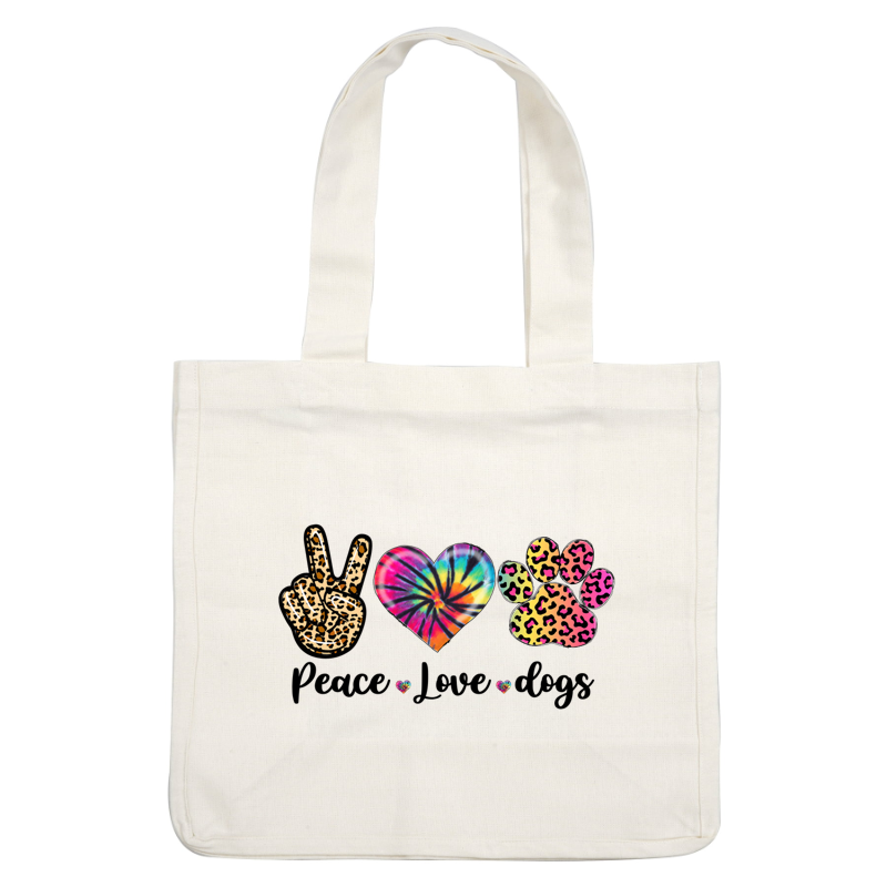 Colorful graphic featuring a leopard print peace sign, a vibrant tie-dye heart, and a playful paw print design, celebrating love for animals.DTF Transfers dtf prints