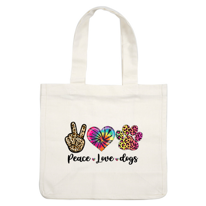 Colorful graphic featuring a leopard print peace sign, a vibrant tie-dye heart, and a playful paw print design, celebrating love for animals.DTF Transfers dtf prints