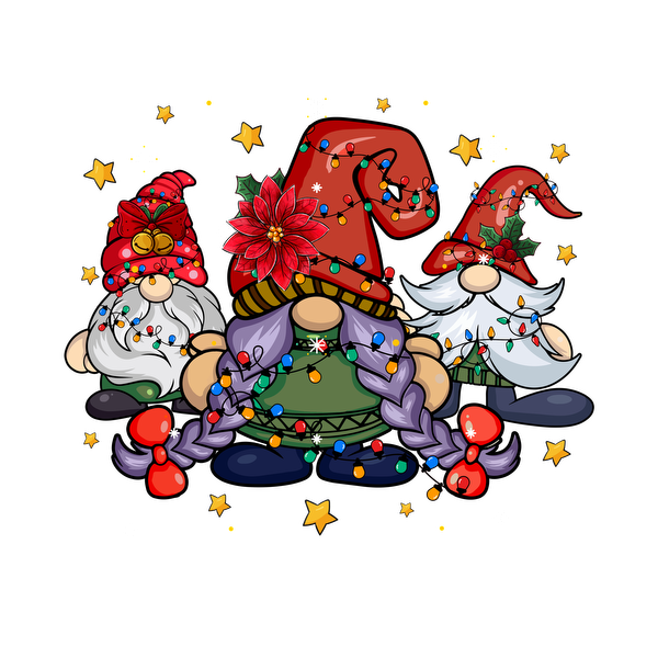 Festive gnomes adorned with colorful hats and Christmas lights, surrounded by shimmering stars for a cheerful holiday vibe.dtf regular iron