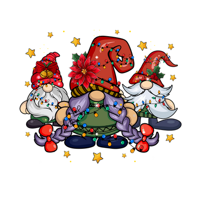 Festive gnomes adorned with colorful hats and Christmas lights, surrounded by shimmering stars for a cheerful holiday vibe.dtf regular iron