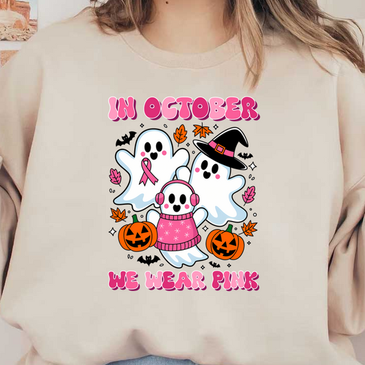 Cute October-themed graphic featuring playful ghosts in pink, wearing a sweater and headphones, with pumpkins and autumn leaves. dtf prints