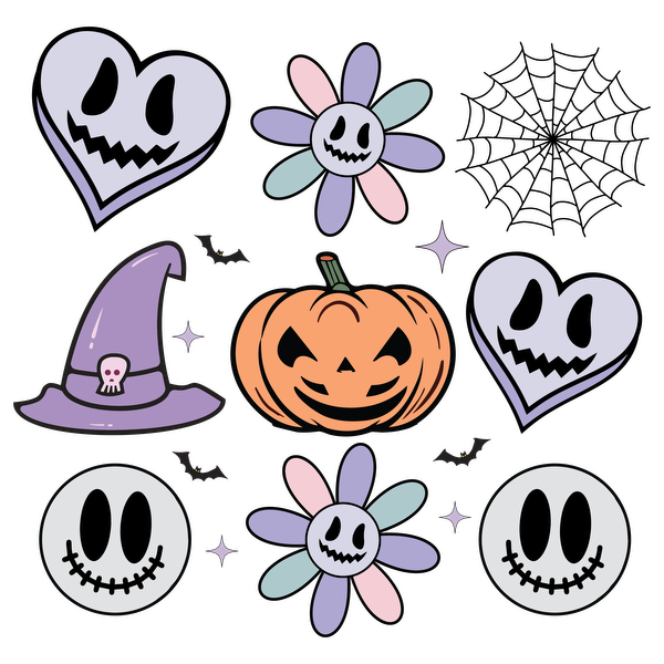 A whimsical Halloween-themed illustration featuring a grinning pumpkin, ghostly hearts, playful flowers, and a witch's hat, all in pastel colors. heat press transfers