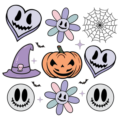 A whimsical Halloween-themed illustration featuring a grinning pumpkin, ghostly hearts, playful flowers, and a witch's hat, all in pastel colors. heat press transfers