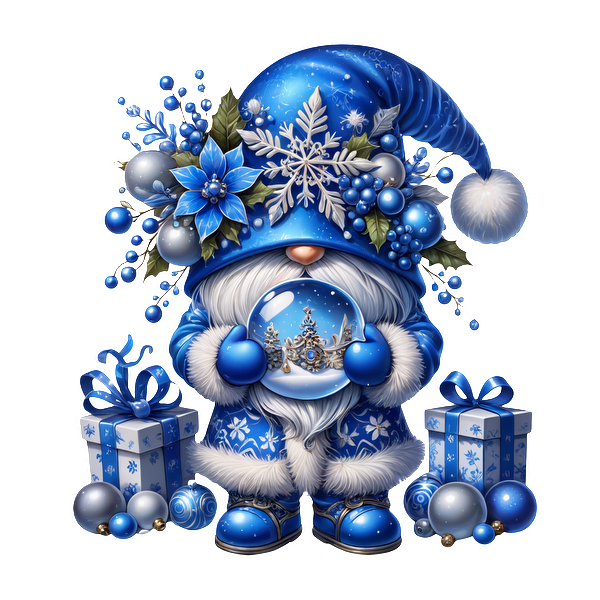 This charming winter gnome, dressed in a blue outfit embellished with snowflakes, holds a snow globe among festive gifts.DTF Transfers