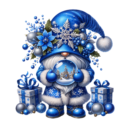 This charming winter gnome, dressed in a blue outfit embellished with snowflakes, holds a snow globe among festive gifts.DTF Transfers