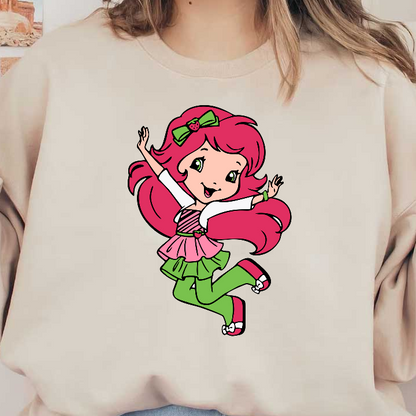 This cheerful character features vibrant pink hair, a playful outfit with a green and pink theme, and a cute strawberry bow!DTF Transfers