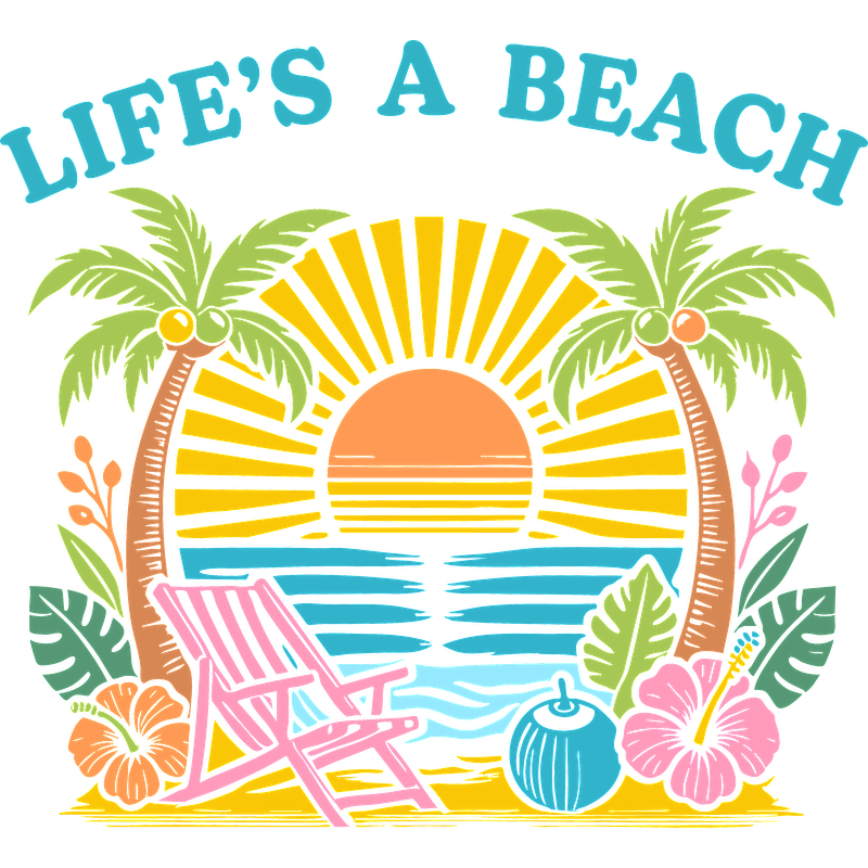 "Bright and fun beach-themed artwork with palm trees, sun, and a chair."DTF Transfers