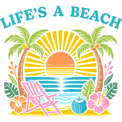 "Bright and fun beach-themed artwork with palm trees, sun, and a chair."DTF Transfers