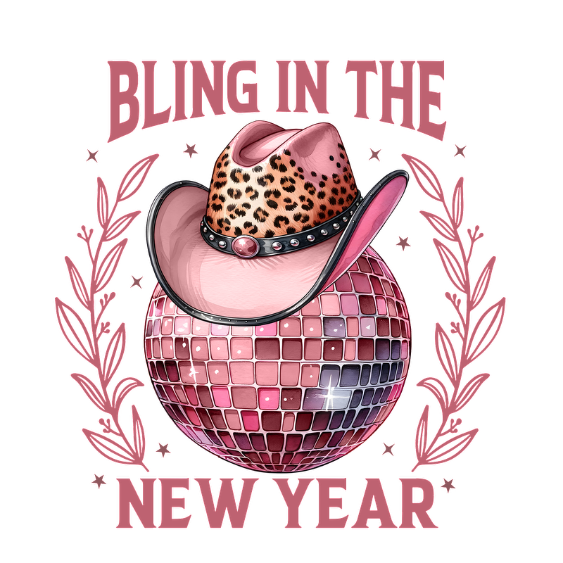 Celebrate the New Year in style with this fun design featuring a pink leopard print cowboy hat atop a shimmering disco ball!DTF Transfers heat press transfers dtf prints