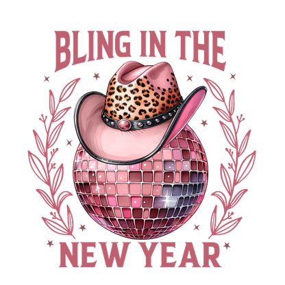 Celebrate the New Year in style with this fun design featuring a pink leopard print cowboy hat atop a shimmering disco ball!DTF Transfers heat press transfers dtf prints