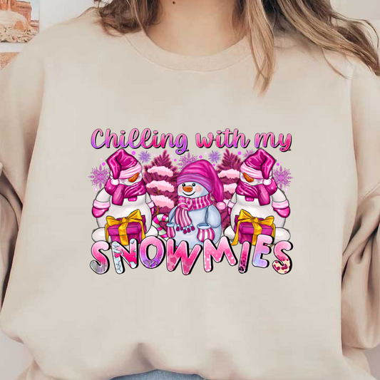 Celebrate the holiday spirit with this playful design featuring cheerful snowmen dressed in cozy pink scarves and gifts.DTF Transfers heat press transfers