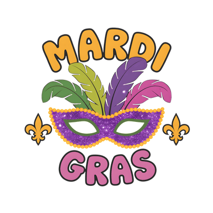 Celebrate Mardi Gras with this vibrant mask design, featuring colorful feathers and festive text perfect for the occasion!DTF Transfers