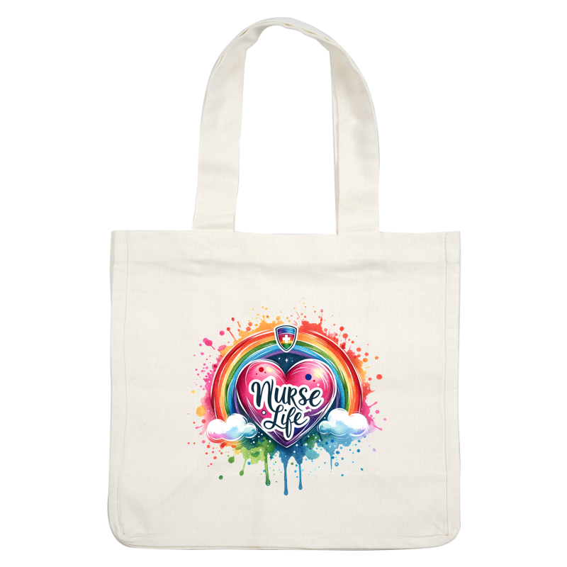 A vibrant design featuring a heart and the phrase "Nurse Life," surrounded by a rainbow and colorful splashes.DTF Transfers