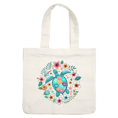 Vibrant illustration of a turtle surrounded by colorful flowers and leaves.DTF Transfers