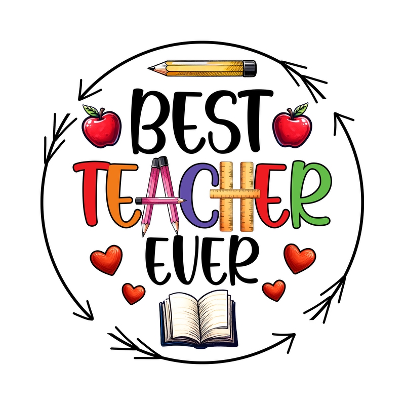 Celebrate teachers with this vibrant design featuring colorful letters, apples, hearts, a pencil, and an open book!DTF Transfers