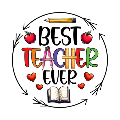 Celebrate teachers with this vibrant design featuring colorful letters, apples, hearts, a pencil, and an open book!DTF Transfers