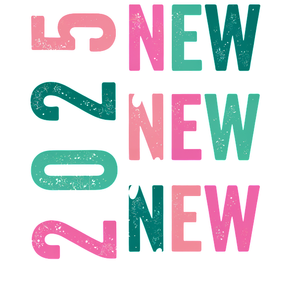 Colorful graphic design featuring "NEW" repeated multiple times alongside "2025," perfect for celebrating new beginnings.DTF Transfersdtf regular iron