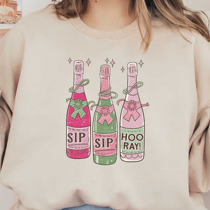 Celebrate in style with these charming, illustrated champagne bottles adorned with fun sayings: "SIP," "SIP," and "HOO RAY!"DTF Transfers