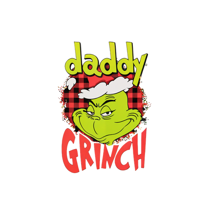 Playful "Daddy Grinch" graphic featuring the Grinch with a mischievous grin set against a red plaid background.DTF Transfers dtf prints