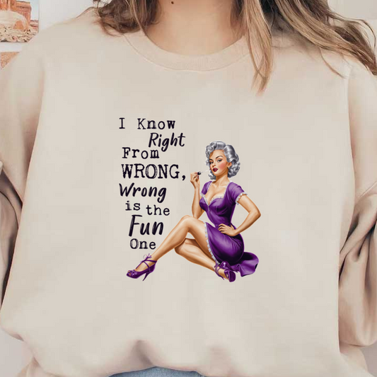 A retro pin-up girl in a purple dress, playfully holding a cigarette with a cheeky slogan about right and wrong. heat press transfers
