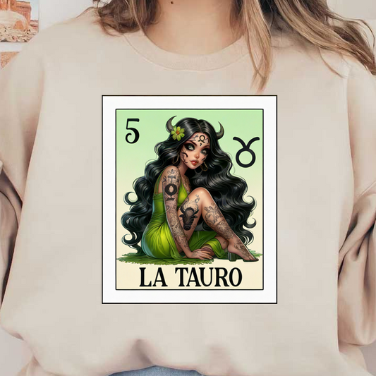 A stylish illustration featuring a tattooed woman in a flowing green dress, representing Taurus with elaborate details and vibrant hair. dtf prints