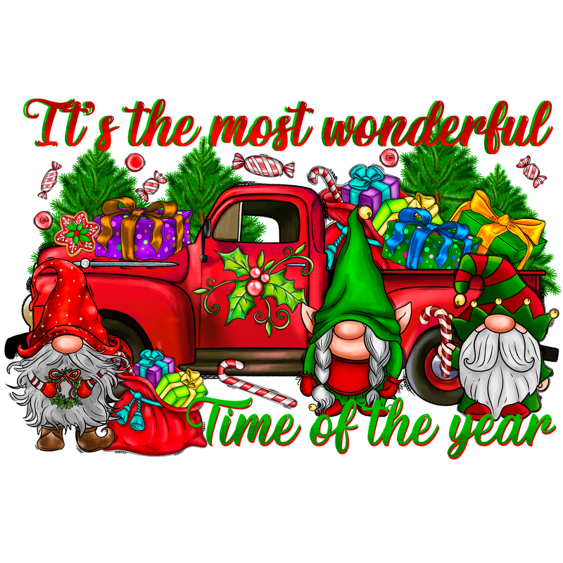 Celebrate the season with a cheerful illustration featuring gnomes, a vintage red truck, and festive gifts under a vibrant holiday message.DTF Transfers dtf transfersdtf regular iron