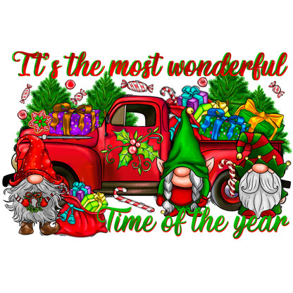 Celebrate the season with a cheerful illustration featuring gnomes, a vintage red truck, and festive gifts under a vibrant holiday message.DTF Transfers dtf transfersdtf regular iron