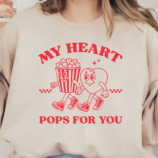 A cheerful illustration featuring a popcorn bucket and a heart character, both sporting sneakers and holding hands, with playful text.DTF Transfers