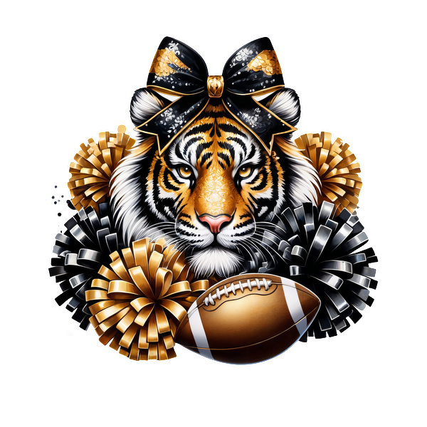 A vibrant illustration of a tiger wearing a bow, surrounded by gold and black pom-poms, with a football at the center.DTF Transfersdtf regular iron