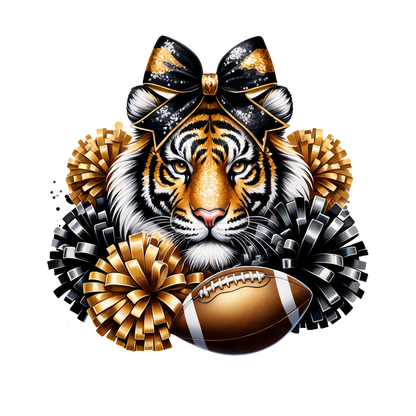 A vibrant illustration of a tiger wearing a bow, surrounded by gold and black pom-poms, with a football at the center.DTF Transfersdtf regular iron