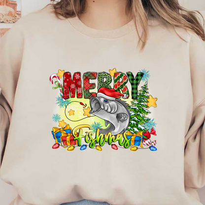 A whimsical holiday design featuring a festive fish wearing a Santa hat, surrounded by gifts, a Christmas tree, and cheerful decorations.DTF Transfersdtf regular iron