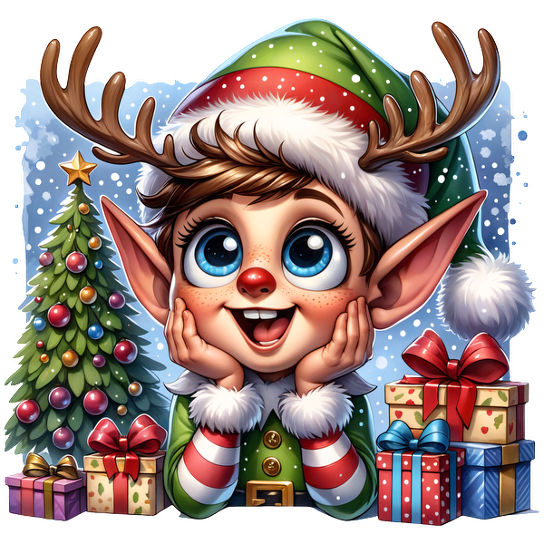 A cheerful elf with antlers, wearing a festive green and red outfit, surrounded by Christmas gifts and a decorated tree.DTF Transfers dtf prints