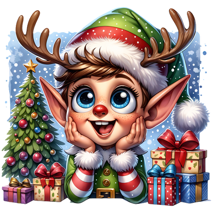 A cheerful elf with antlers, wearing a festive green and red outfit, surrounded by Christmas gifts and a decorated tree.DTF Transfers dtf prints